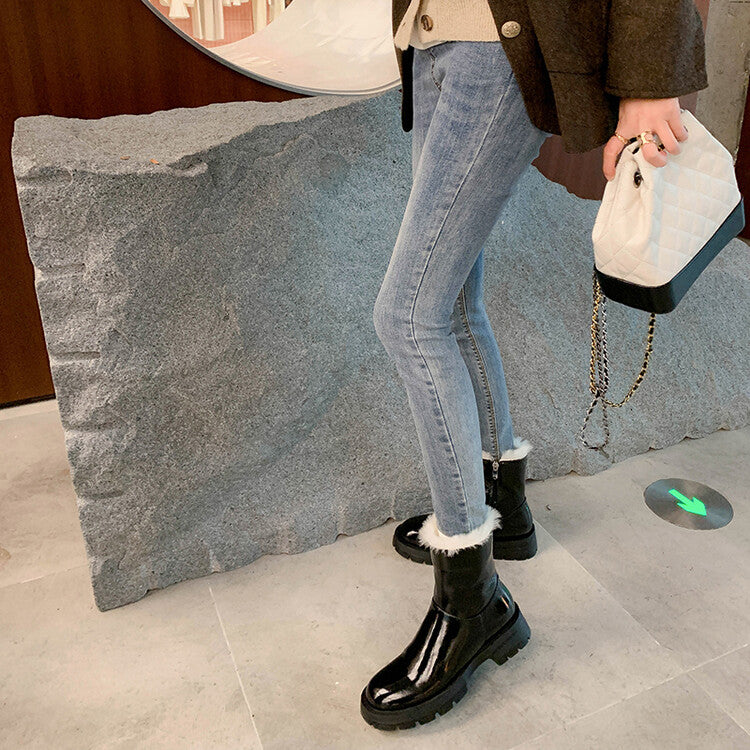 Karin Luna In Stock  Best-selling in stock Thickened Fleece Cow Patent Leather Hot-Selling Flat Short Boots
