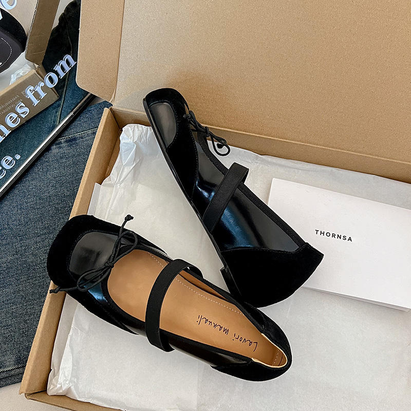 Karin Luna In Stock Spot Goods    Color Block Cowhide Leather Square Toe Slip-On Height Increasing Bowknot Flats