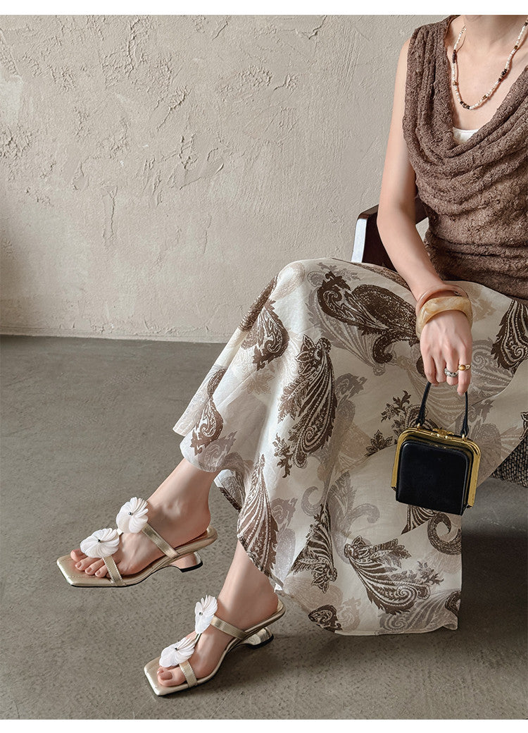 Karin Luna Hot-Selling Floral Square Toe Irregular Heel Floral Slippers