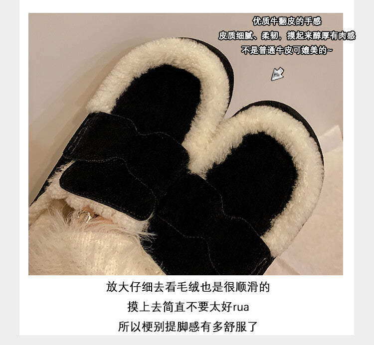 Karin Luna In Stock Look~This is such thick lamb wool Winter Atmosphere！Cowhide Leather Lamb Wool Round Toe Flat Sole Half Support！