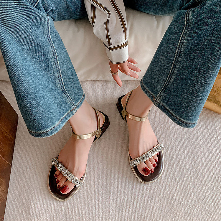 Karin Luna In Stock In Stock  Rhinestone Strap Round Toe Chunky Heel Sandals