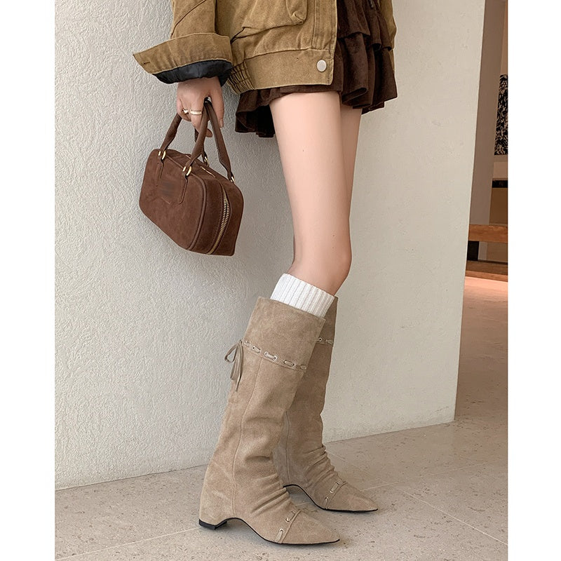 Karin Luna Elegant Style  Pointed Toe Pleated Hidden Wedge Western Boots