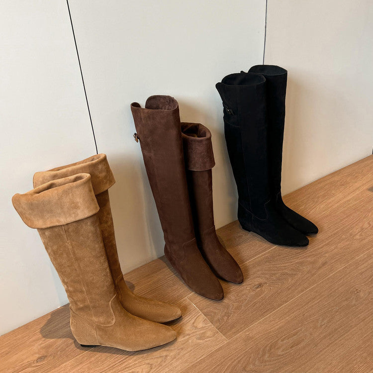 Karin Luna In Stock Spot Goods Vintage Cowhide Leather Two-Way Wear Pointed Toe Height-Increasing Long Boots