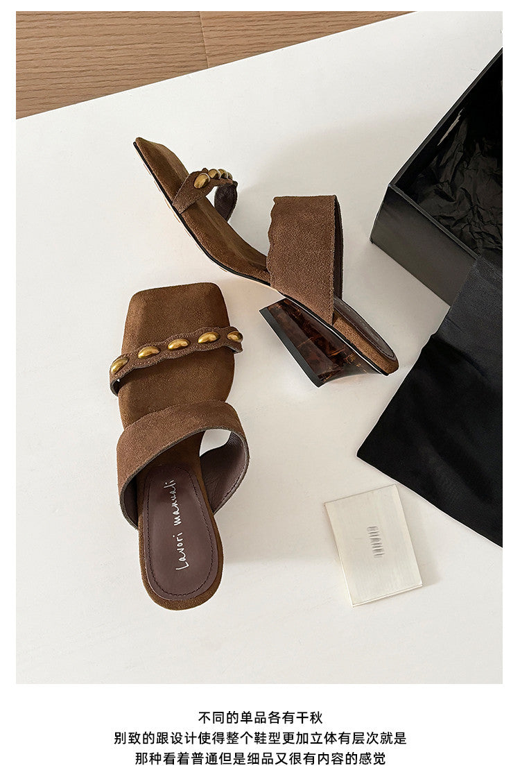 Karin Luna Hot-Selling Element Amber Heel~Spot Goods Spot Goods  Vacation Style One-Strap Amber Irregular Heel Slippers