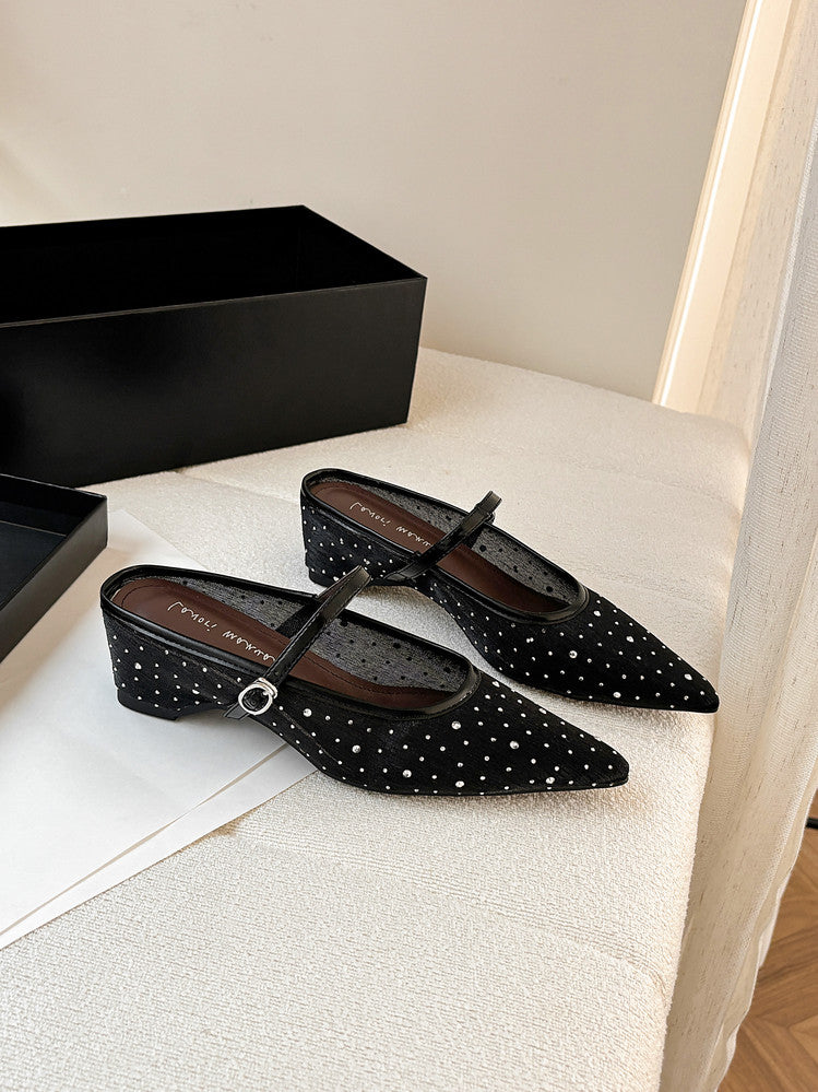 Karin Luna In Stock Spot Goods  Breathable Mesh Fabric Embellished Hand Drill Pointed Toe Slippers