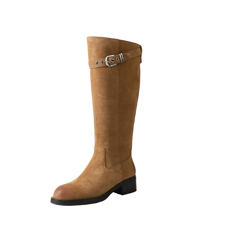 Karin Luna Chunky Heels Round Head Belt Buckle  Fashionable Suede Boots