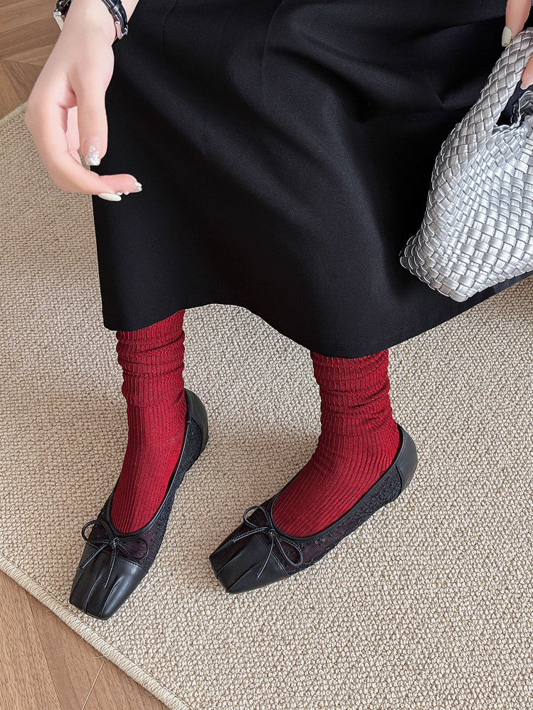 Karin Luna In Stock In Stock  Wrinkled Square Toe Patchwork Breathable Mesh Bow Granny Shoes
