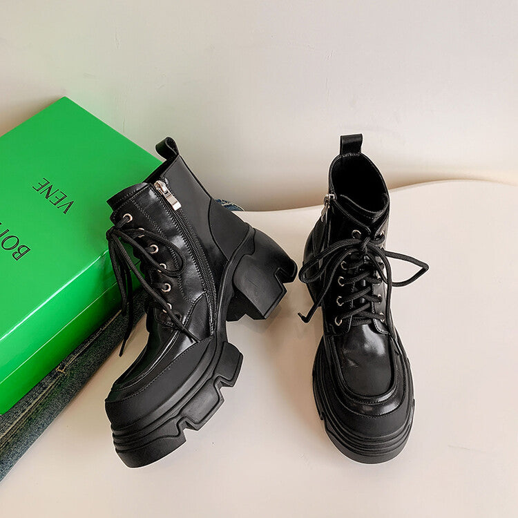 Karin Luna Casual Thick Sole Full Cowhide Lace-up Thick-soled Short Boots   Classic All-Matching