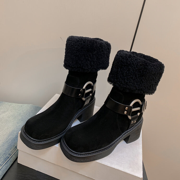 Karin Luna Genuine Lamb Wool and Cowhide Leather Hot-selling Metal Buckle Round Toe Chunky Heel Main Push Main Push