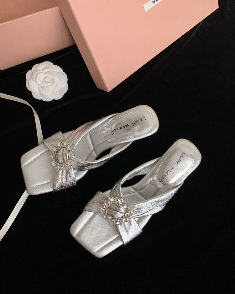 Karin Luna In Stock In Stock Elegant Square-Toe Cross-Strap Rhinestone Square-Toe Slippers