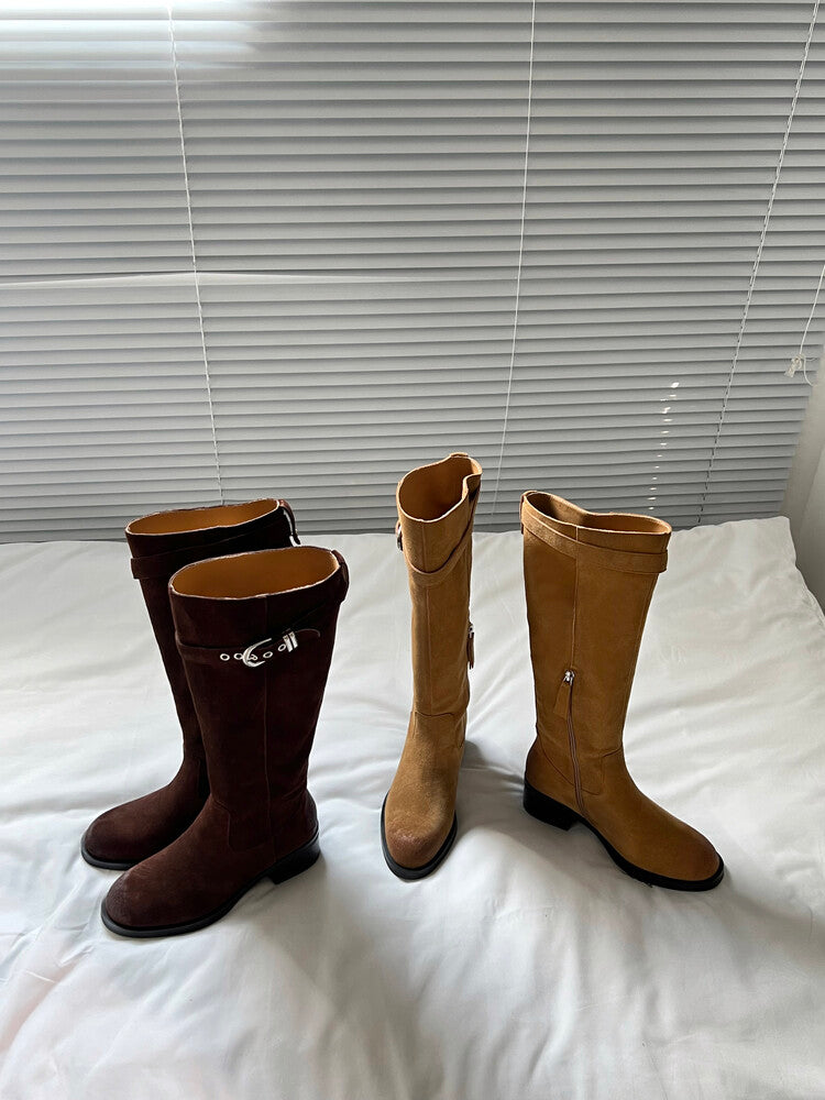 Karin Luna Chunky Heels Round Head Belt Buckle  Fashionable Suede Boots