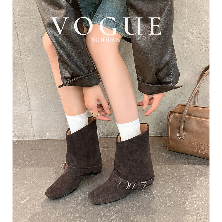 Karin Luna Data Hot Item Square Toe Hidden Wedge Belt Buckle Suede Ankle Boots