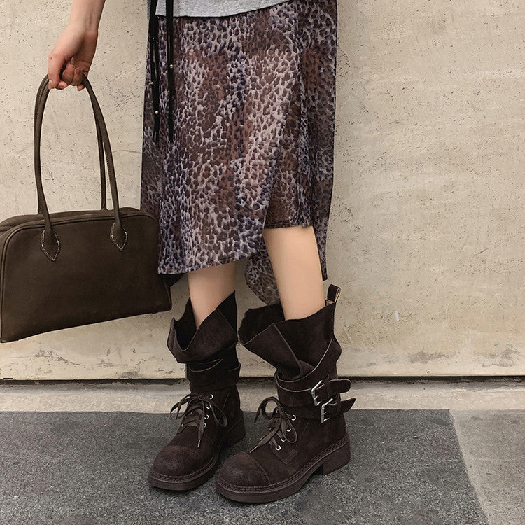 Karin Luna Bestseller Hot-Selling Large Tube Leather Belt Buckle Round Toe Thick-Soled Short Boots