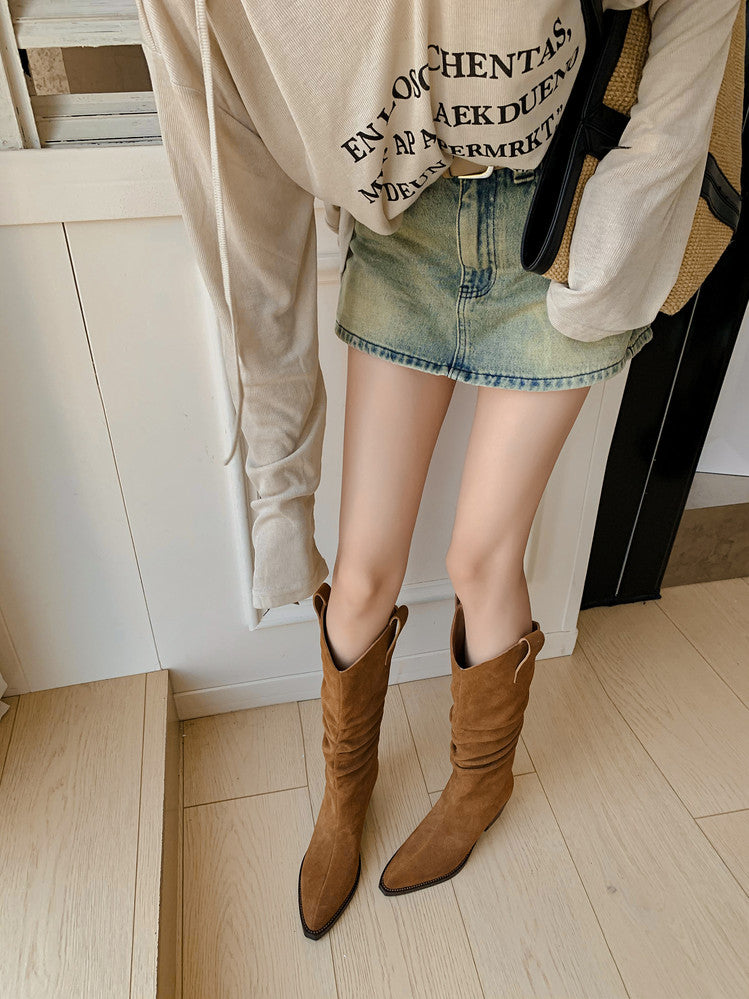 Karin Luna Elegant Style  Pointed Toe Wrinkled Wide Western Boots