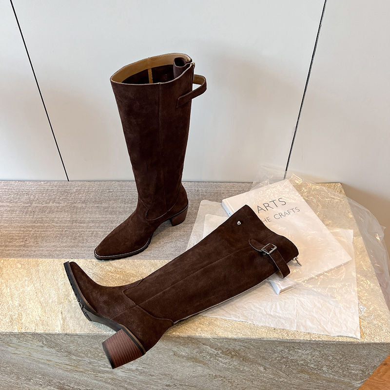 Karin Luna In Stock Spot Goods Retro Cowhide Leather Chunky Heel Suede Long Boots