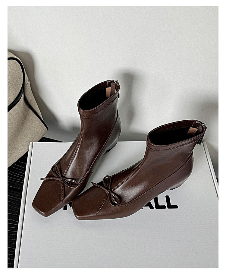 Karin Luna French Style Square Toe Bowknot Hidden Wedge Slim Boots