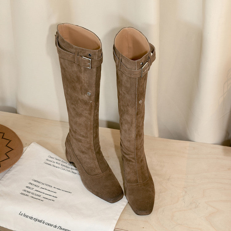 Karin Luna Belt Buckle Elegant Chunky Heel Suede Western Boots