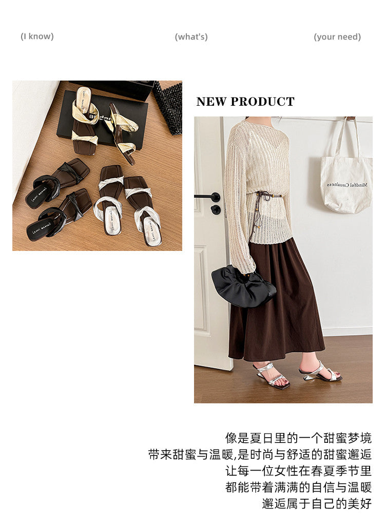 Karin Luna In Stock  Spot Goods   Square Toe One-Strap Irregular Heel Slippers