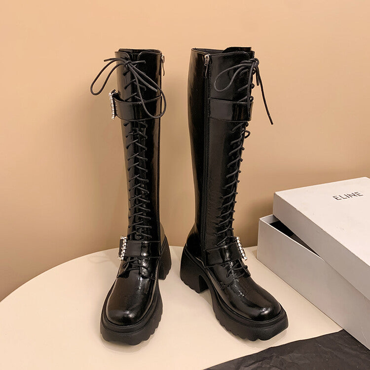 Karin Luna In Stock Spot Goods Bestselling Extended Version Rhinestone Square Buckle Thick Sole Lace-up Thick Sole Full Cowhide Knight Boots