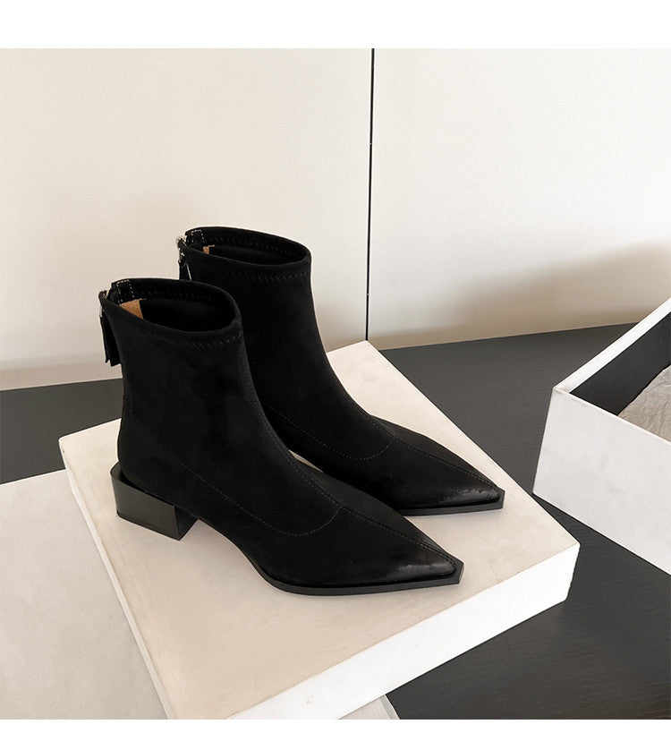 Karin Luna In Stock In Stock Elastic Slim Pointed Toe Chunky Heel Basic Ankle Boots