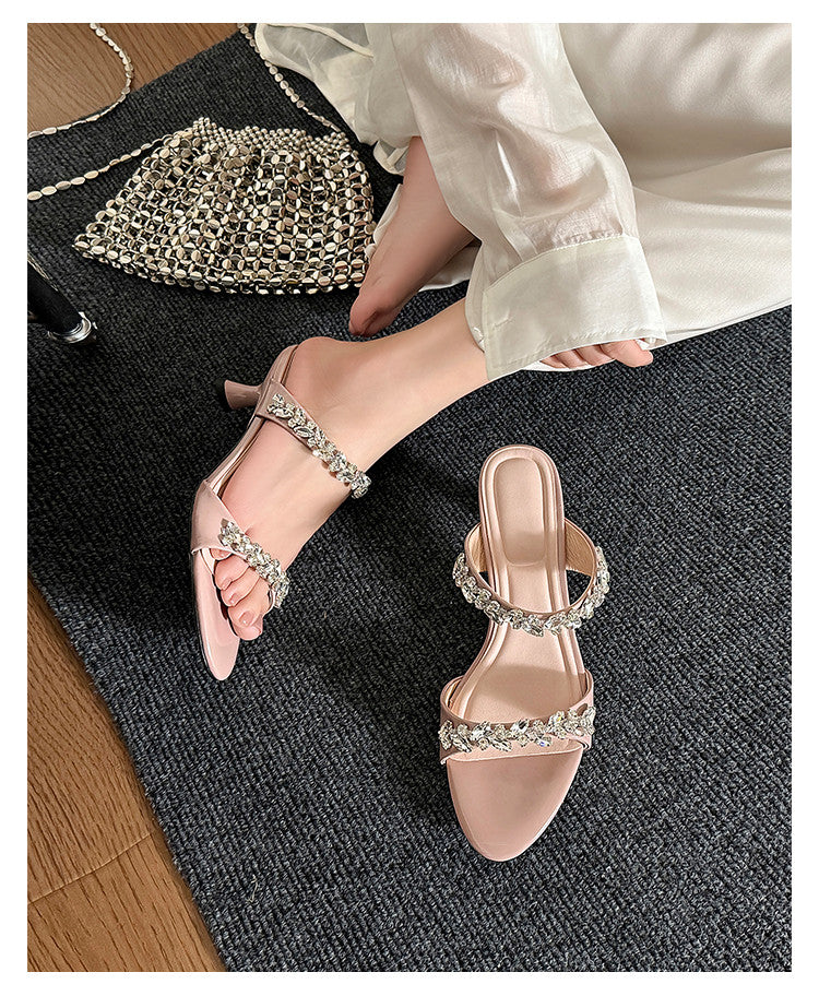 Karin Luna Exquisite Round Toe One-Strap Rhinestone Thin Heel Slippers