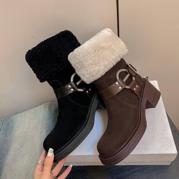 Karin Luna Genuine Lamb Wool and Cowhide Leather Hot-selling Metal Buckle Round Toe Chunky Heel Main Push Main Push
