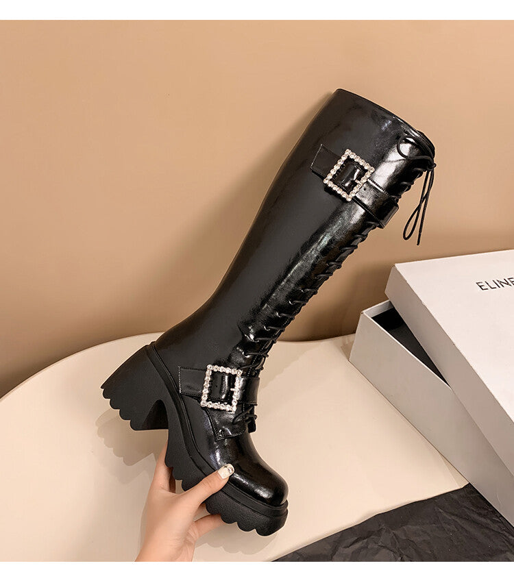 Karin Luna In Stock Spot Goods Bestselling Extended Version Rhinestone Square Buckle Thick Sole Lace-up Thick Sole Full Cowhide Knight Boots