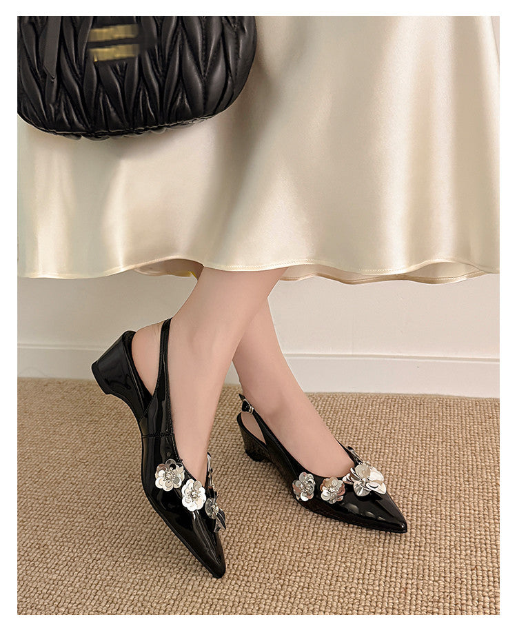 Karin Luna In Stock In Stock  Sequin Floral Pointed Toe Chunky Heel Closed-Toe Sandals