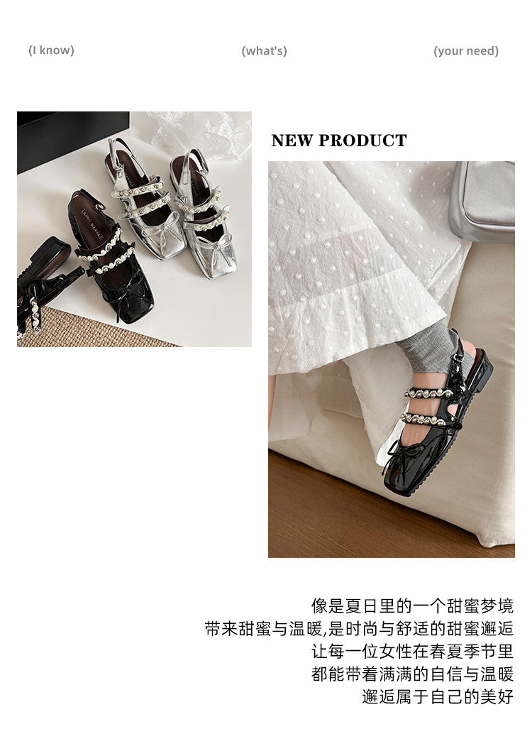 Karin Luna In Stock In Stock  Square Toe Bowknot Pearl Strap Closed-Toe Sandals