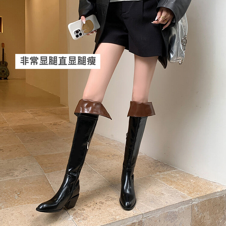 Karin Luna exploded  Three versions exploded Single Fleece Lining Fur Collar Version  Thick Fur Collar Foldable Hot-Selling Full Cowhide Pointed Toe Chunky Heel Classic Style