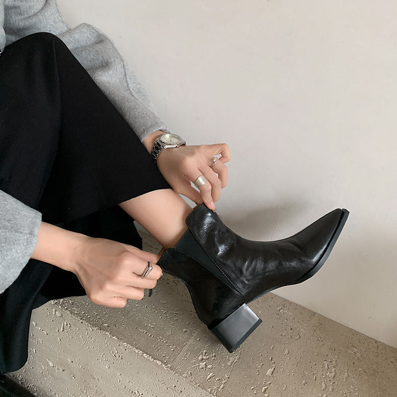 Karin Luna In Stock Spot Goods Elegant Stretch Fabric Patchwork Pointed Toe Chunky Heel Short Boots