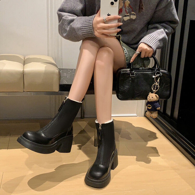 Karin Luna Basic Bestseller Timeless Thick Fur Lined Round Toe Thick Sole Cowhide Snow Boots