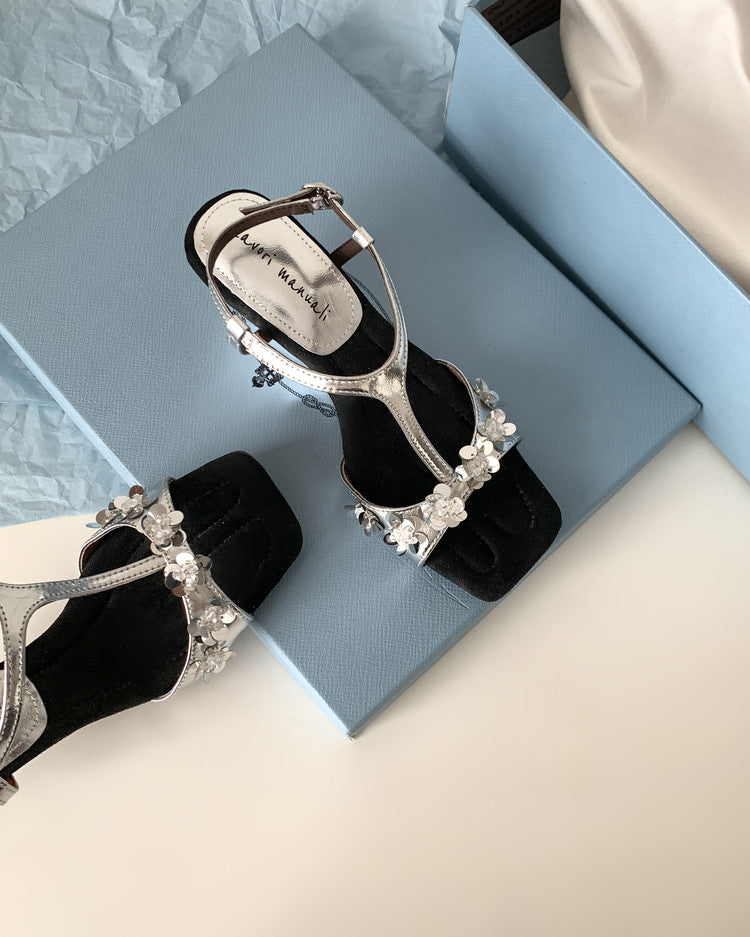 Karin Luna Hot-Selling Sequin Floral Series ~  Square Toe Irregular Heel Square Toe Sandals