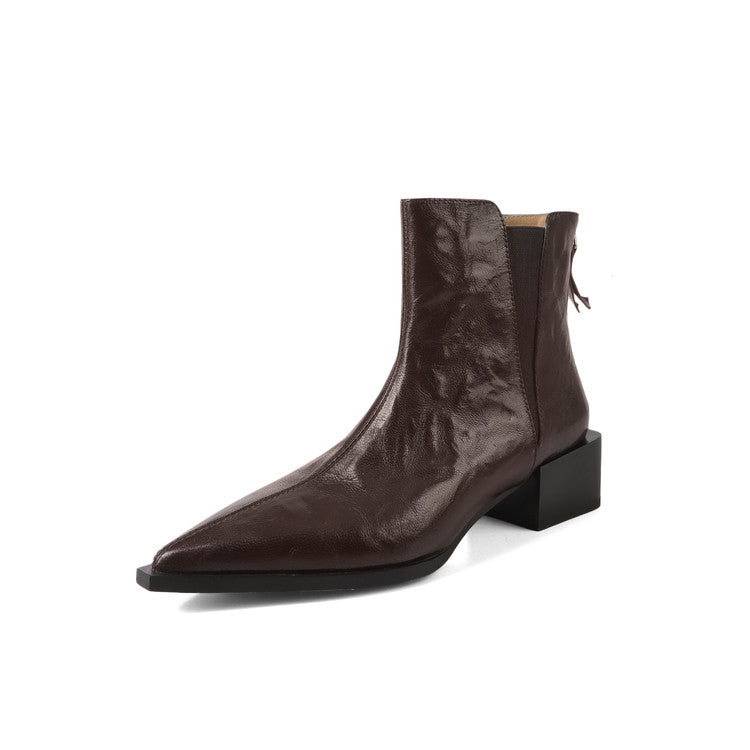 Karin Luna In Stock Spot Goods Elegant Stretch Fabric Patchwork Pointed Toe Chunky Heel Short Boots