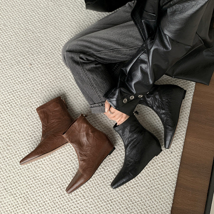 Karin Luna In Stock Spot Goods Slim Series  Hidden Wedge Small Square Toe Back Zipper Short Boots
