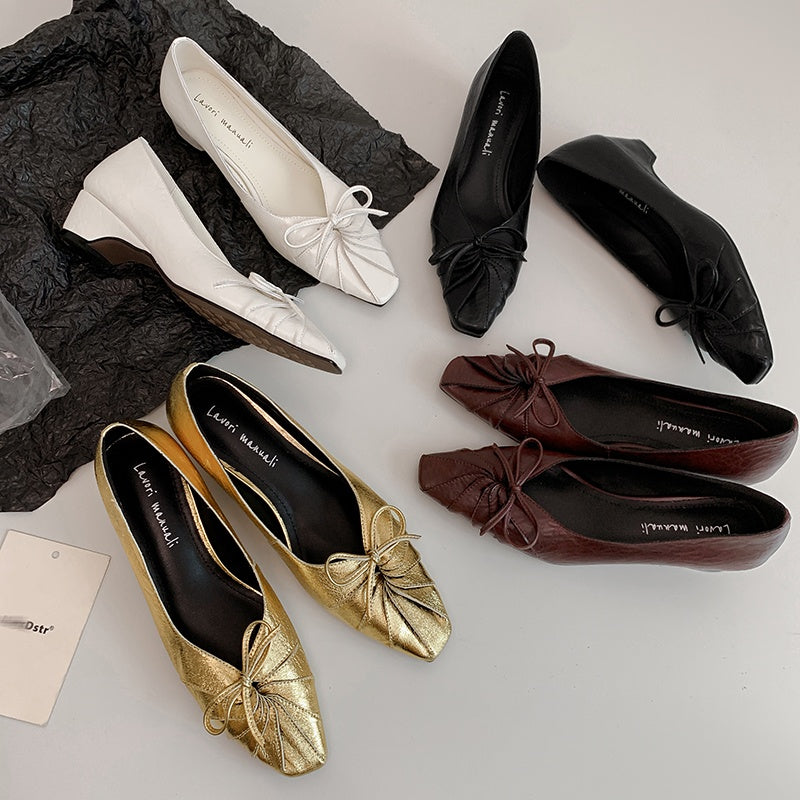 Karin Luna French Style Wrinkled Square Toe Height-Increasing Flats
