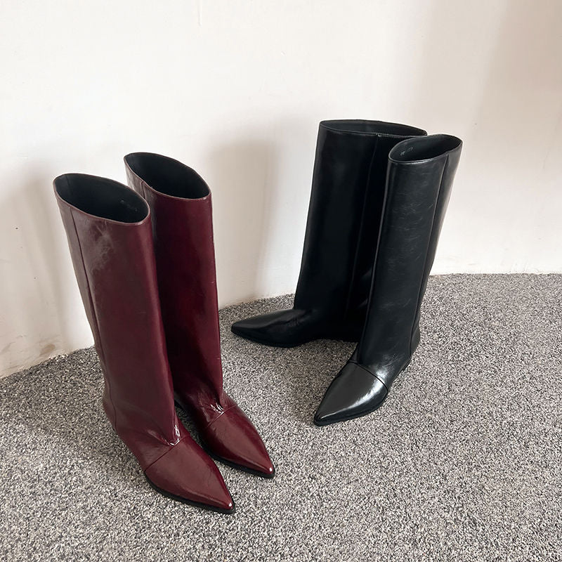 Karin Luna Elegant Style Pointed Toe Internal Height Increase Slip-On Long Boots