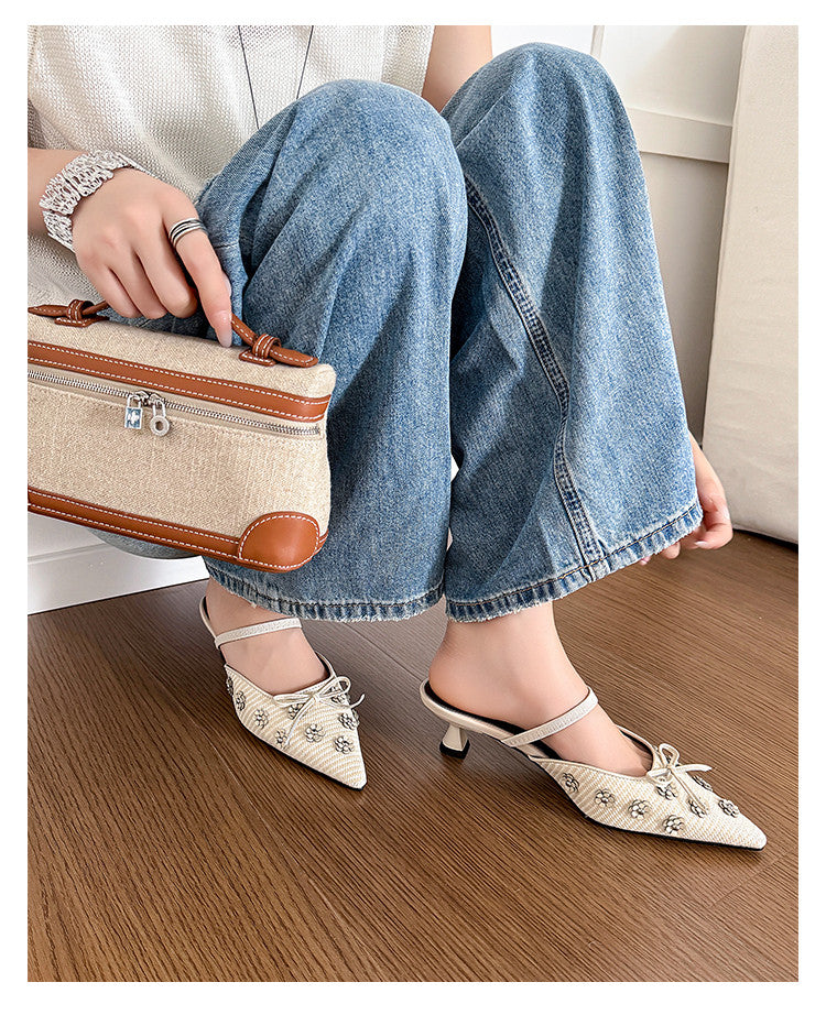 Karin Luna In Stock Spot Goods  Elegant Floral Pointed Toe Rhinestone Slippers