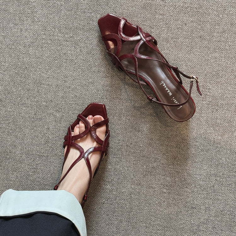 Karin Luna French Hollow Style Small Square Toe Chunky Heel Sandals