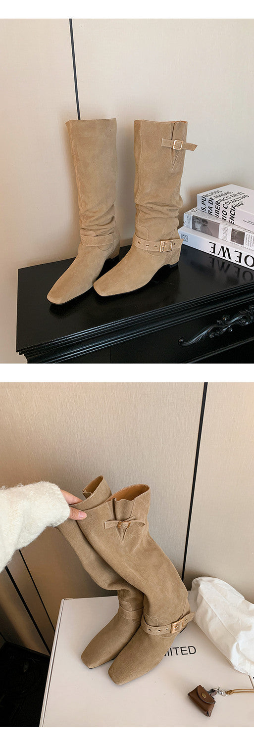 Karin Luna Data Model Belt Buckle Matte Square Toe Hidden Wedge Slouch Western Boots