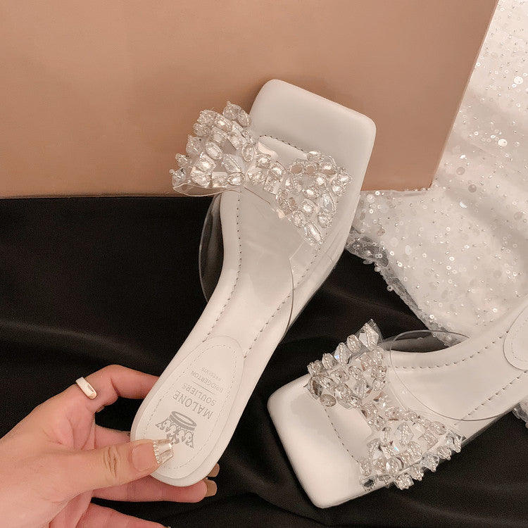 Karin Luna In Stock In Stock Transparent Bow Square Toe Suede Open Toe Sandals