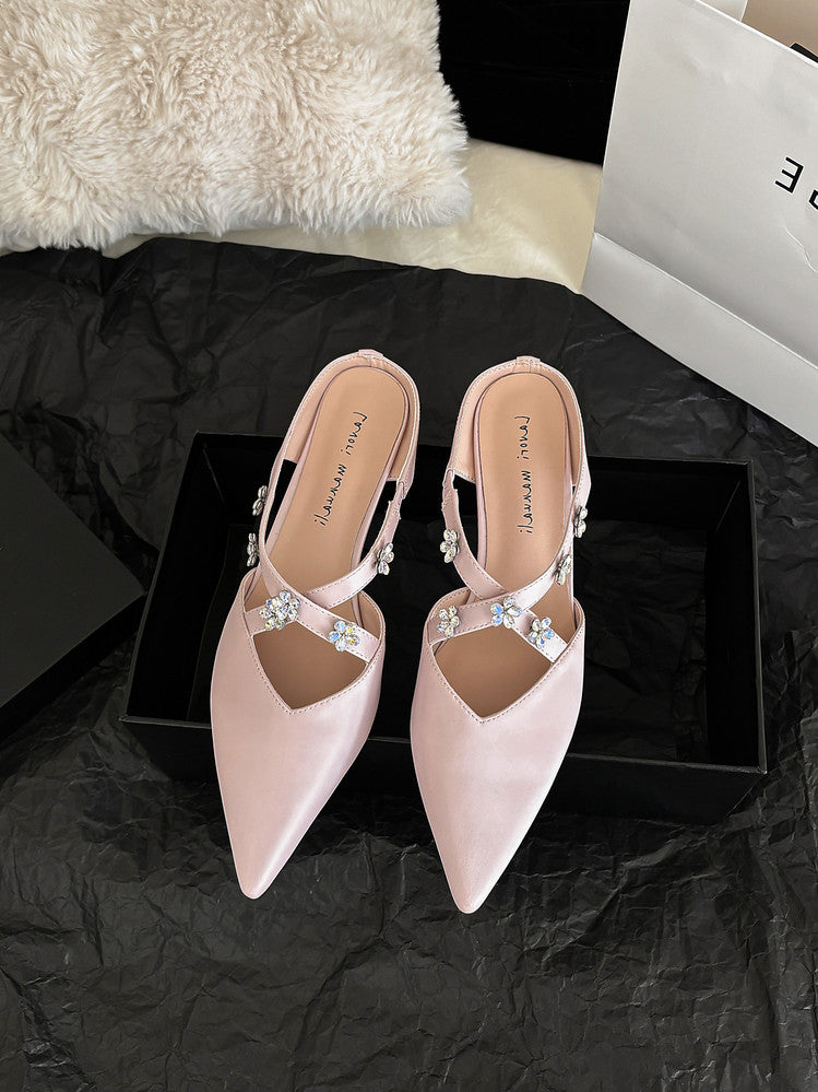 Karin Luna Elegant Pointed Toe Rhinestone Flower High Heel Mules