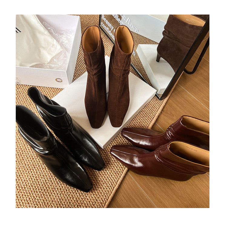 Karin Luna In Stock Spot Goods  Retro Wrinkled Small Square Toe Short Boots