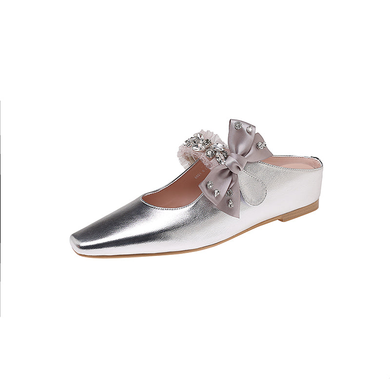 Karin Luna Handmade One-Strap Rhinestone Ribbon Square-Toe Mules