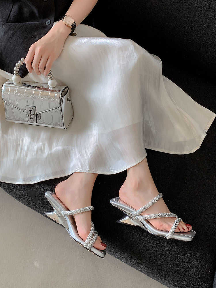Karin Luna In Stock Spot Goods  Rhinestone One-Strap Irregular Heel Square-Toe Slippers