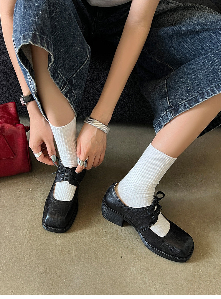 Karin Luna In Stock Spot Goods   Full leather inside and out Vegetable Tanned Hand-Grabbed Sheepskin Square-Toed Chunky Heel Single Shoes