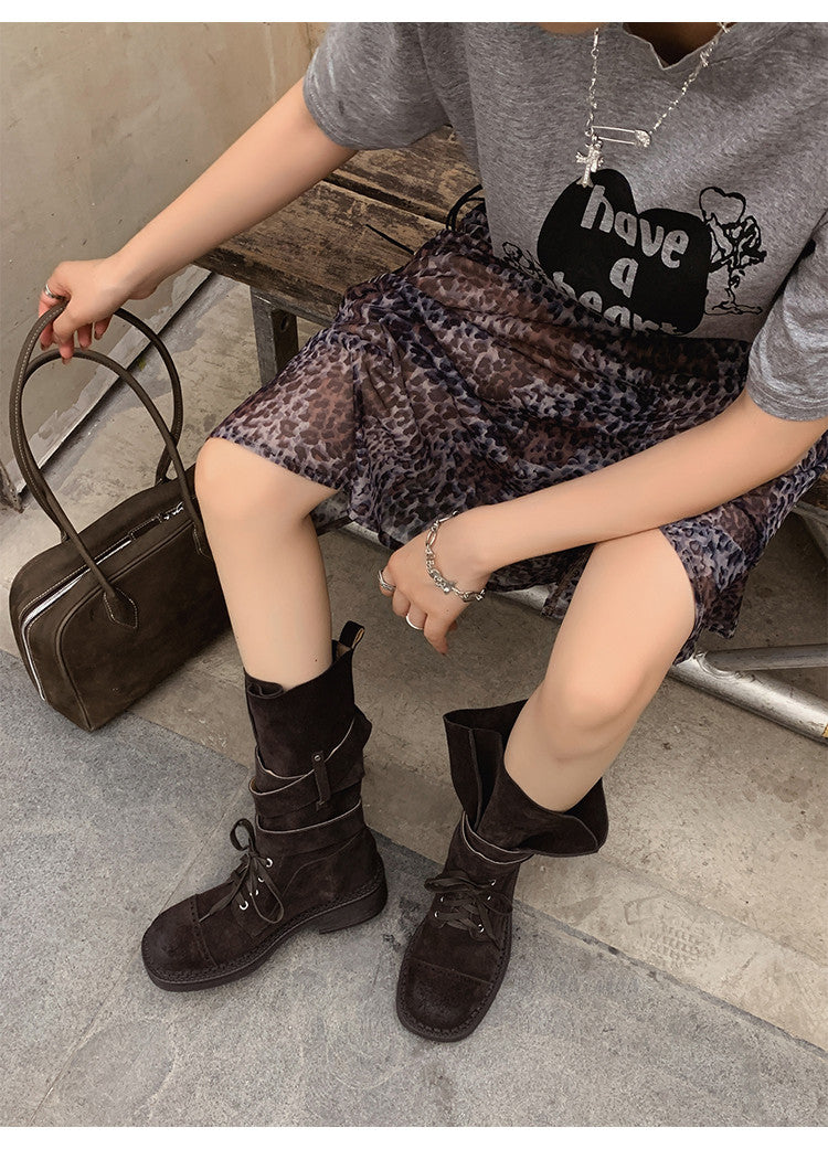 Karin Luna Bestseller Hot-Selling Large Tube Leather Belt Buckle Round Toe Thick-Soled Short Boots