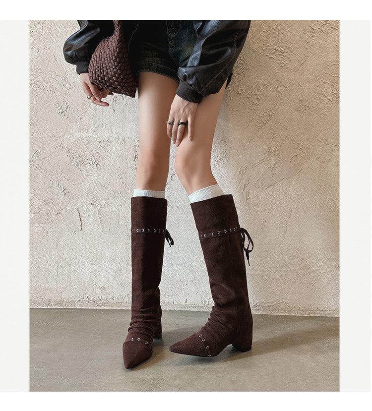 Karin Luna Elegant Style  Pointed Toe Pleated Hidden Wedge Western Boots