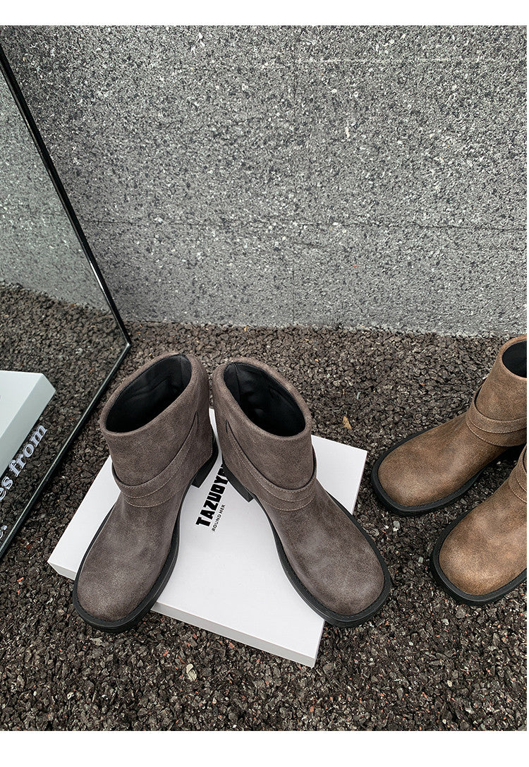 Karin Luna In Stock Spot Goods Versatile Basic Round Toe Belt Buckle Thick Sole Tube Boots