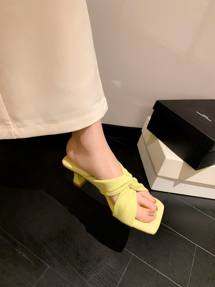 Karin Luna In Stock In Stock  Comfortable Cross Strap  Airy High Heel Square Toe Slippers